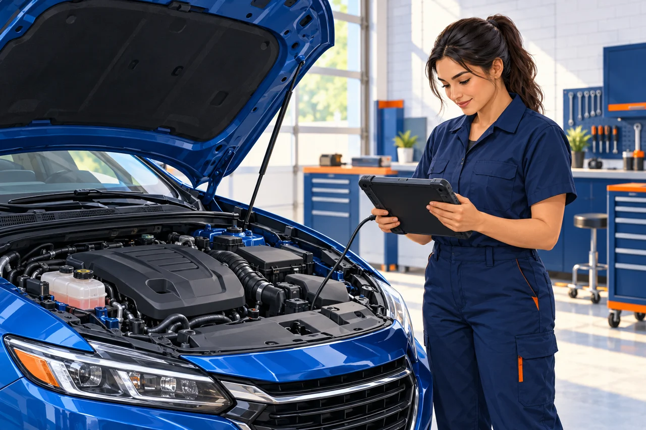 Original illustration of a technician checking vehicle diagnostics
