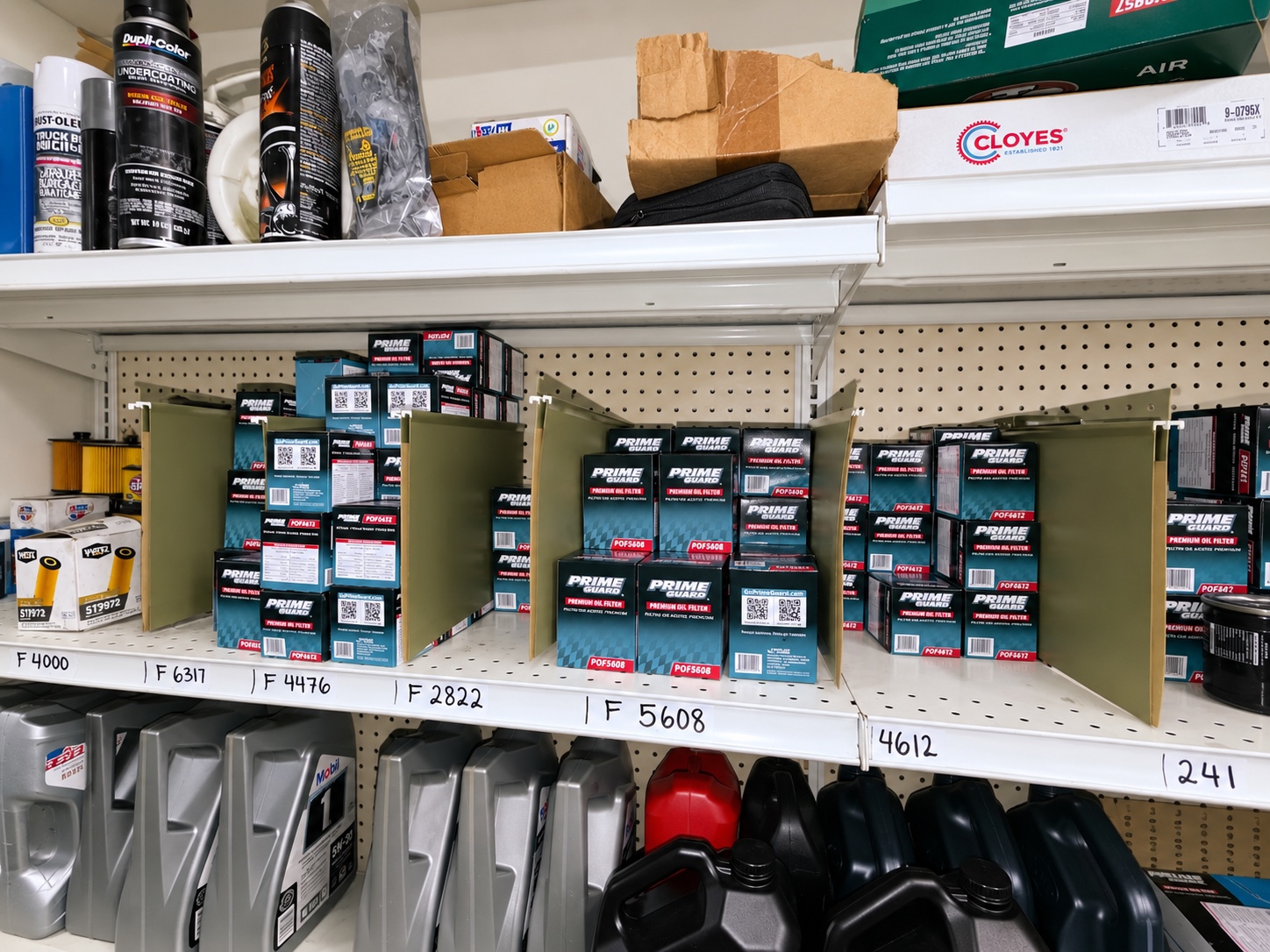 Parts and supplies on shelving in the M&A shop