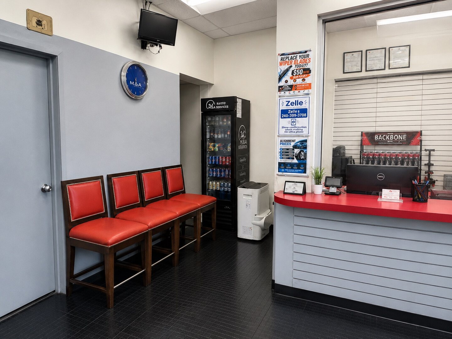 M&A Auto Repair front desk and customer waiting area in Hyattsville, MD